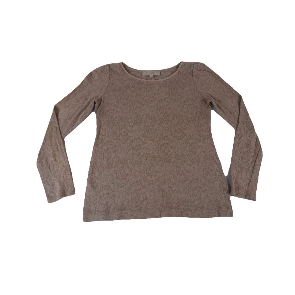 LOFT Ann Taylor Top Womens Small Brown Mesh Lace Pattern Long Sleeve Pullover